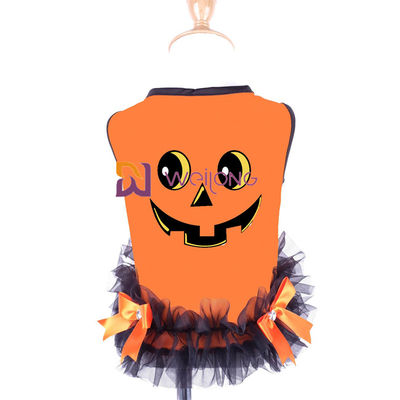 Vestido redondo del perro de la calabaza del diseño del cuello del vestido del animal doméstico de Halloween del arco de la cinta de satén